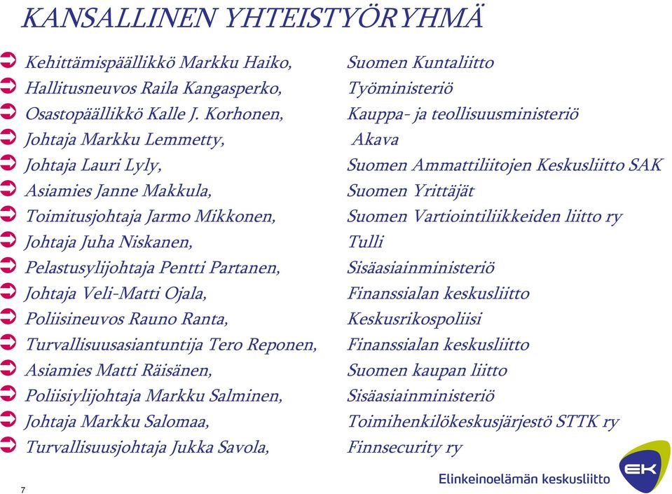 Poliisineuvos Rauno Ranta, Turvallisuusasiantuntija Tero Reponen, Asiamies Matti Räisänen, Poliisiylijohtaja Markku Salminen, Johtaja Markku Salomaa, Turvallisuusjohtaja Jukka Savola, Suomen