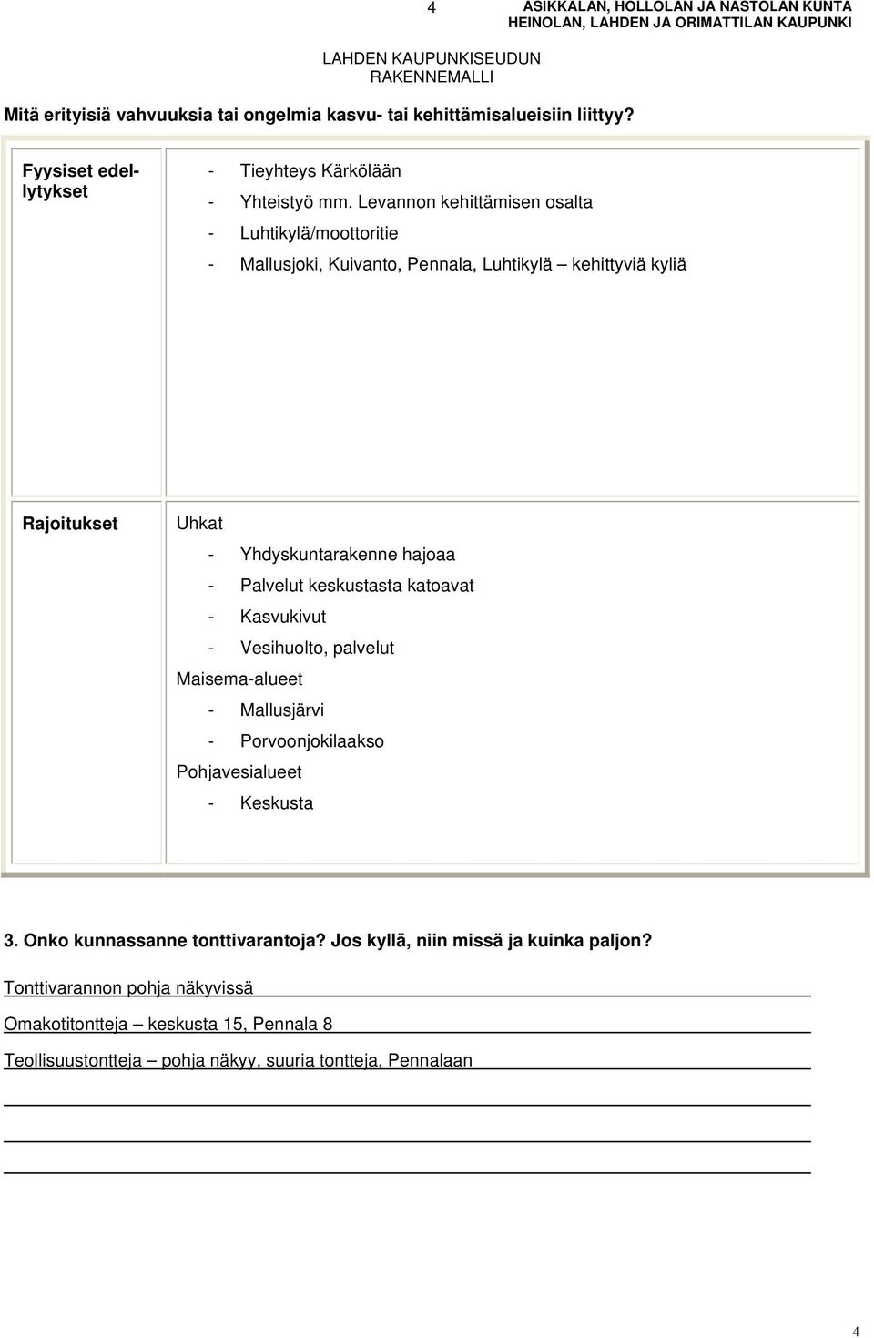 Palvelut keskustasta katoavat - Kasvukivut - Vesihuolto, palvelut Maisema-alueet - Mallusjärvi - Porvoonjokilaakso Pohjavesialueet - Keskusta 3.