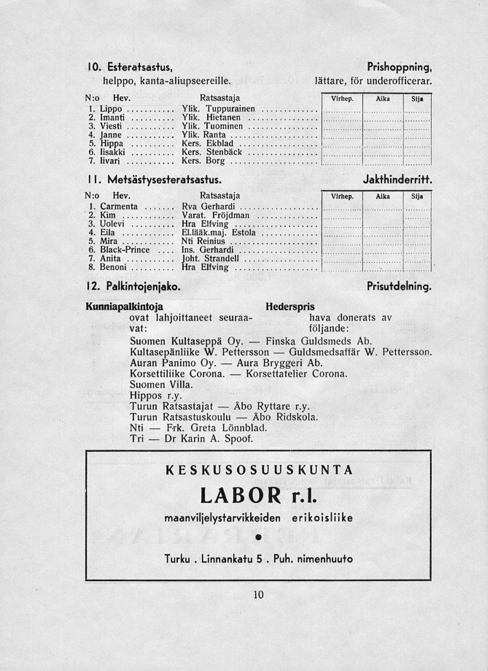 Jakthinderritt. N:o Hev. Ratsastaja virhep. Aika Sija 1. Carmenta Rva Oerhardi 2. Kim Varat. Fröjdman 3. Uolevi Hra Elfving 4. Eila El.lääk.maj. Estola 5. Mira Nti Reinius 6. Black-Prince... Gerhardi 7.