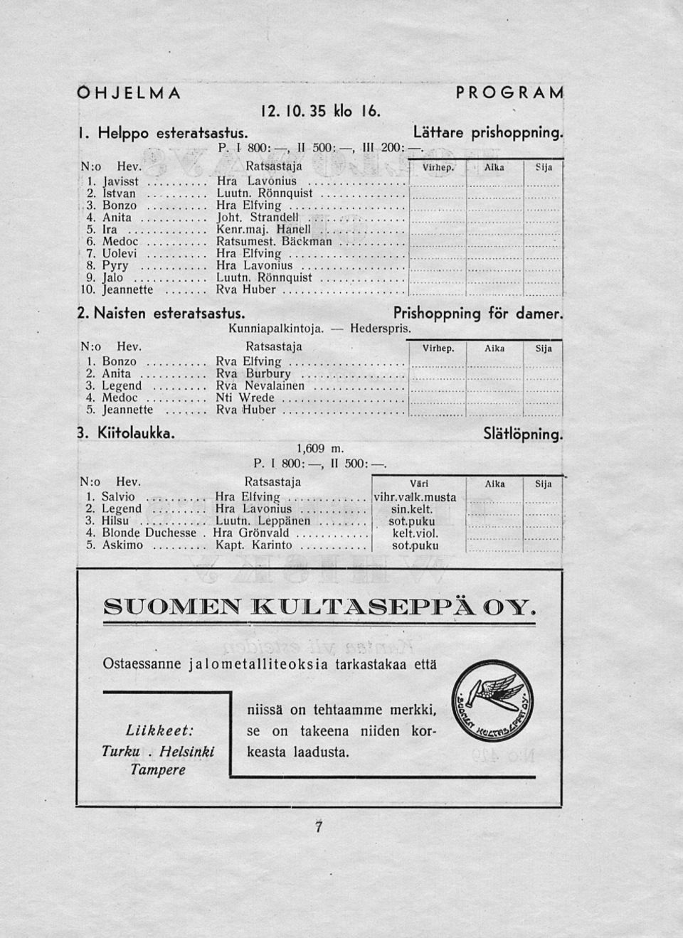 Jeannette Rva Huber 2. Naisten esteratsastus. Prishoppning för damer Kunniapalkintoja. N:o Hev. Ratsastaja 1. Bonzo Rva Elfving 2. Anita Rva Burbury 3. Legend Rva Nevalainen 4.