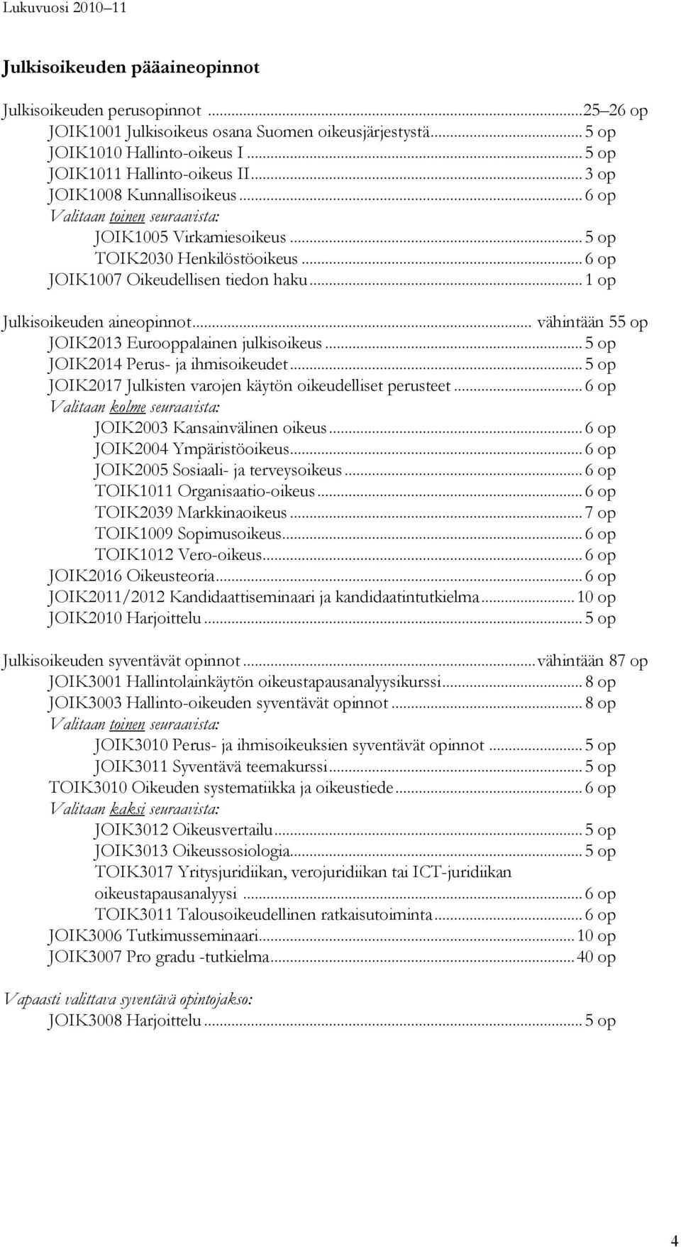 .. 1 op Julkisoikeuden aineopinnot... vähintään 55 op JOIK2013 Eurooppalainen julkisoikeus... 5 op JOIK2014 Perus- ja ihmisoikeudet... 5 op JOIK2017 Julkisten varojen käytön oikeudelliset perusteet.