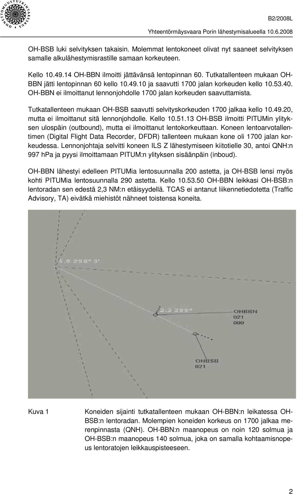 Tutkatallenteen mukaan OH-BSB saavutti selvityskorkeuden 1700 jalkaa kello 10.49.20, mutta ei ilmoittanut sitä lennonjohdolle. Kello 10.51.