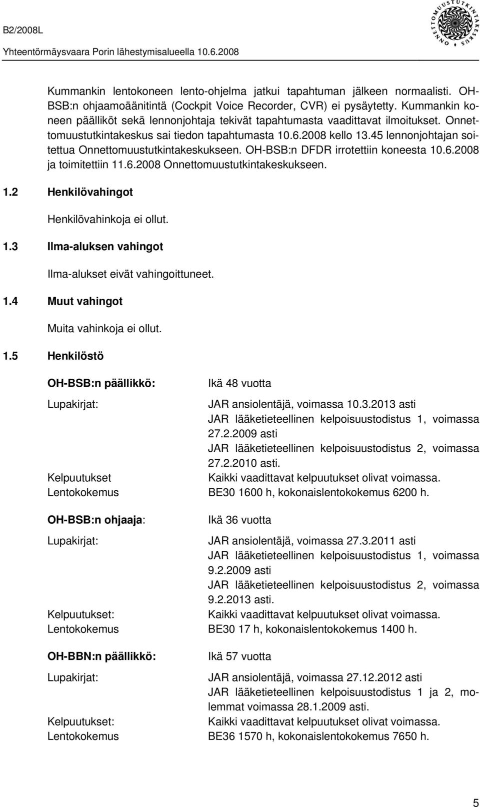 45 lennonjohtajan soitettua Onnettomuustutkintakeskukseen. OH-BSB:n DFDR irrotettiin koneesta 10.6.2008 ja toimitettiin 11.6.2008 Onnettomuustutkintakeskukseen. 1.2 Henkilövahingot Henkilövahinkoja ei ollut.