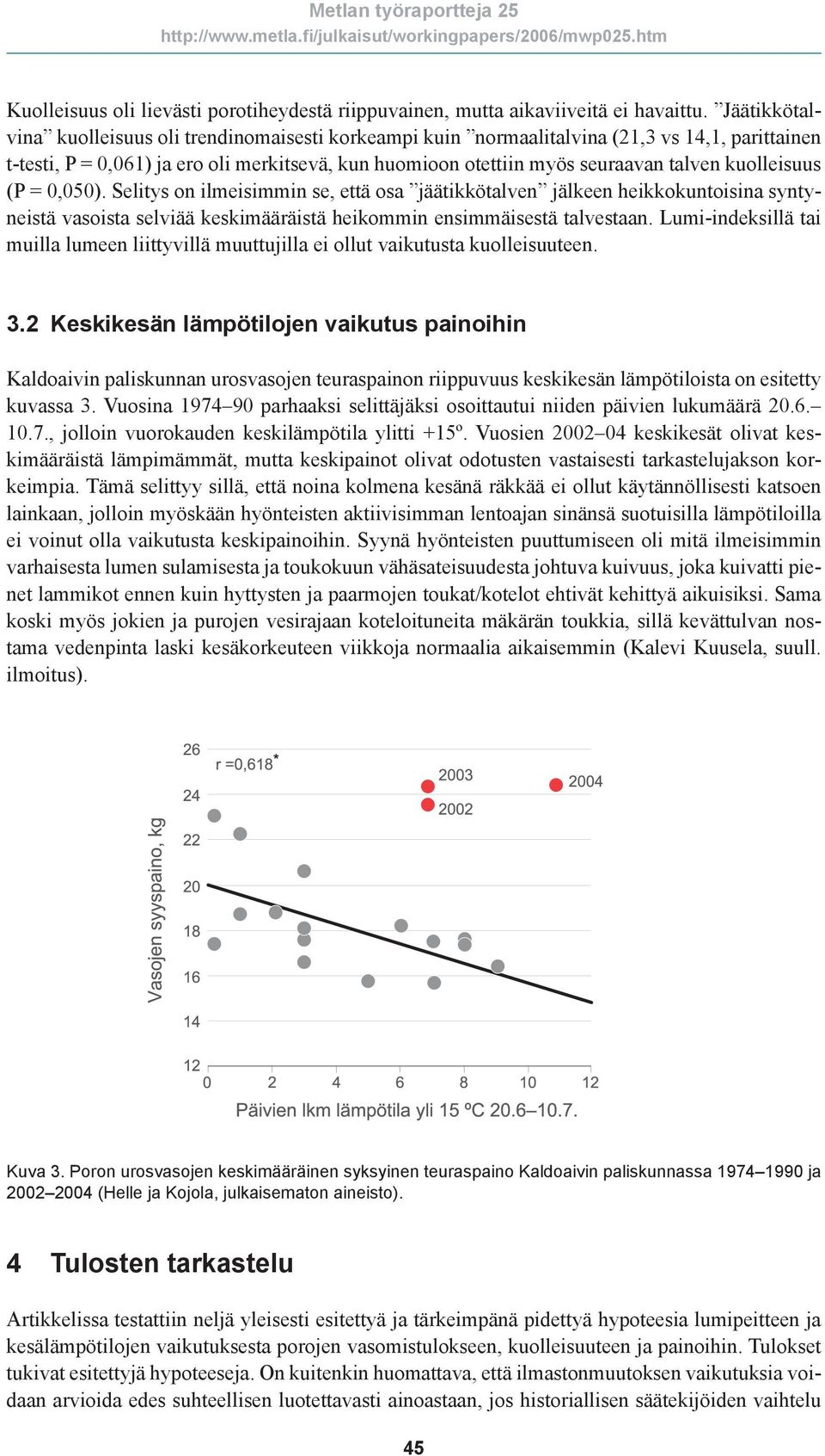 kuolleisuus (P = 0,050). Selitys on ilmeisimmin se, että osa jäätikkötalven jälkeen heikkokuntoisina syntyneistä vasoista selviää keskimääräistä heikommin ensimmäisestä talvestaan.