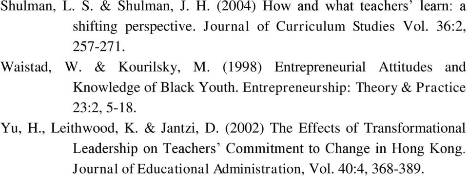 (1998) Entrepreneurial Attitudes and Knowledge of Black Youth. Entrepreneurship: Theory & Practice 23:2, 5-18. Yu, H.