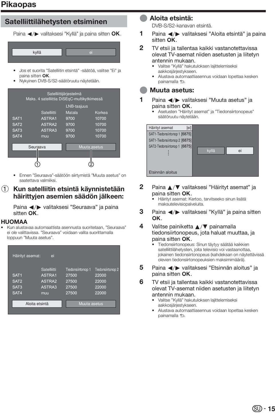 1 Paina c/d valitaksesi Aloita etsintä ja paina sitten ;. 2 TV etsii ja tallentaa kaikki vastanotettavissa olevat TV-asemat niiden asetusten ja liitetyn antennin mukaan.