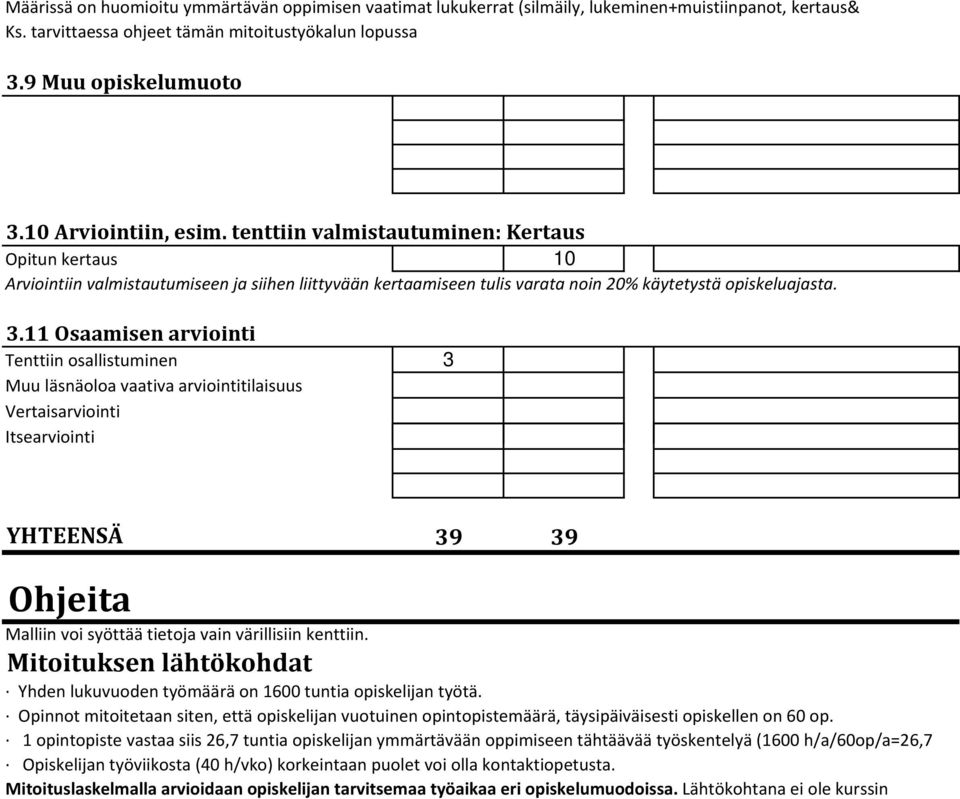 11 Osaamisen arviointi Tenttiin osallistuminen 3 Muu läsnäoloa vaativa arviointitilaisuus Vertaisarviointi Itsearviointi YHTEENSÄ 39 39 Ohjeita Malliin voi syöttää tietoja vain värillisiin kenttiin.