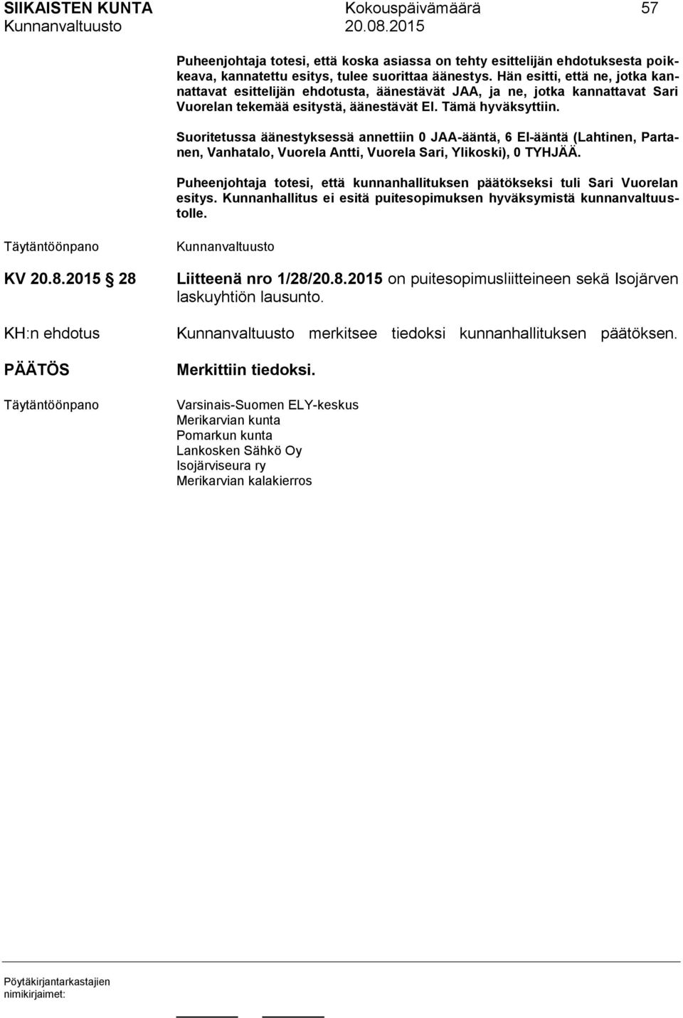 Suoritetussa äänestyksessä annettiin 0 JAA-ääntä, 6 EI-ääntä (Lahtinen, Partanen, Vanhatalo, Vuorela Antti, Vuorela Sari, Ylikoski), 0 TYHJÄÄ.