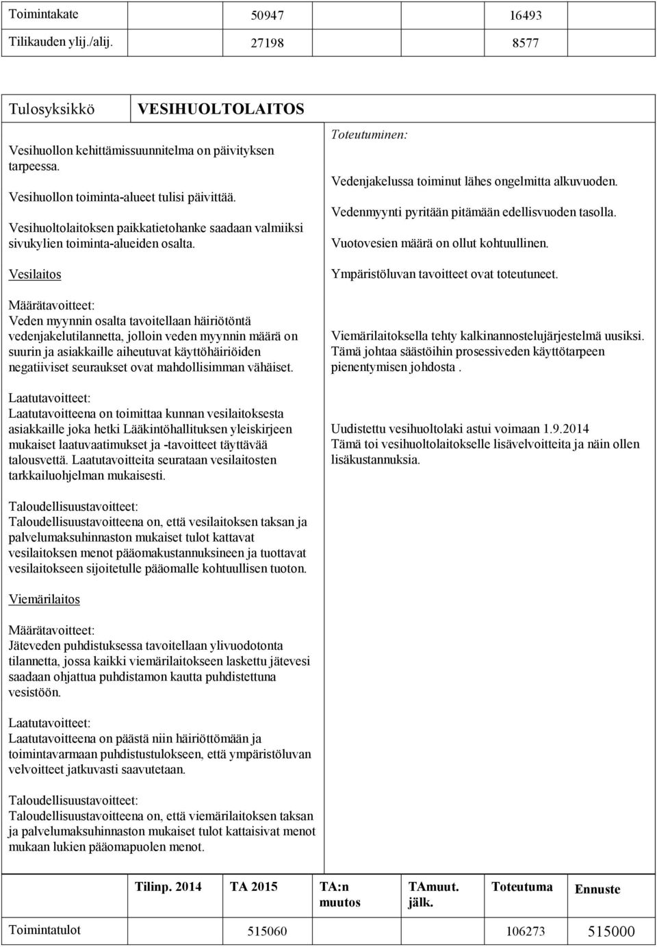 Vesilaitos Veden myynnin osalta tavoitellaan häiriötöntä vedenjakelutilannetta, jolloin veden myynnin määrä on suurin ja asiakkaille aiheutuvat käyttöhäiriöiden negatiiviset seuraukset ovat