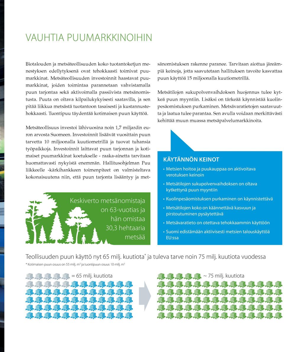 Puuta on oltava kilpailukykyisesti saatavilla, ja sen pitää liikkua metsästä tuotantoon tasaisesti ja kustannustehokkaasti. Tuontipuu täydentää kotimaisen puun käyttöä.