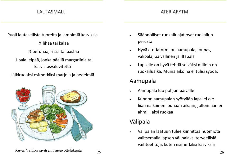 päivällinen ja iltapala Lapselle on hyvä tehdä selväksi milloin on ruokailuaika. Muina aikoina ei tulisi syödä.