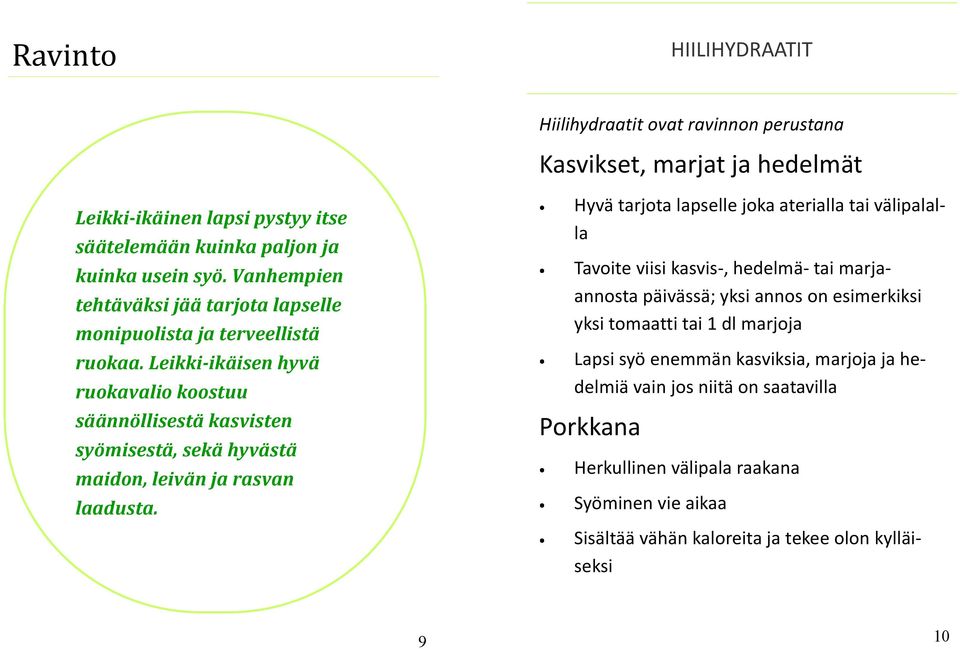 Leikki-ikäisen hyvä ruokavalio koostuu säännöllisestä kasvisten syömisestä, sekä hyvästä maidon, leivän ja rasvan laadusta.