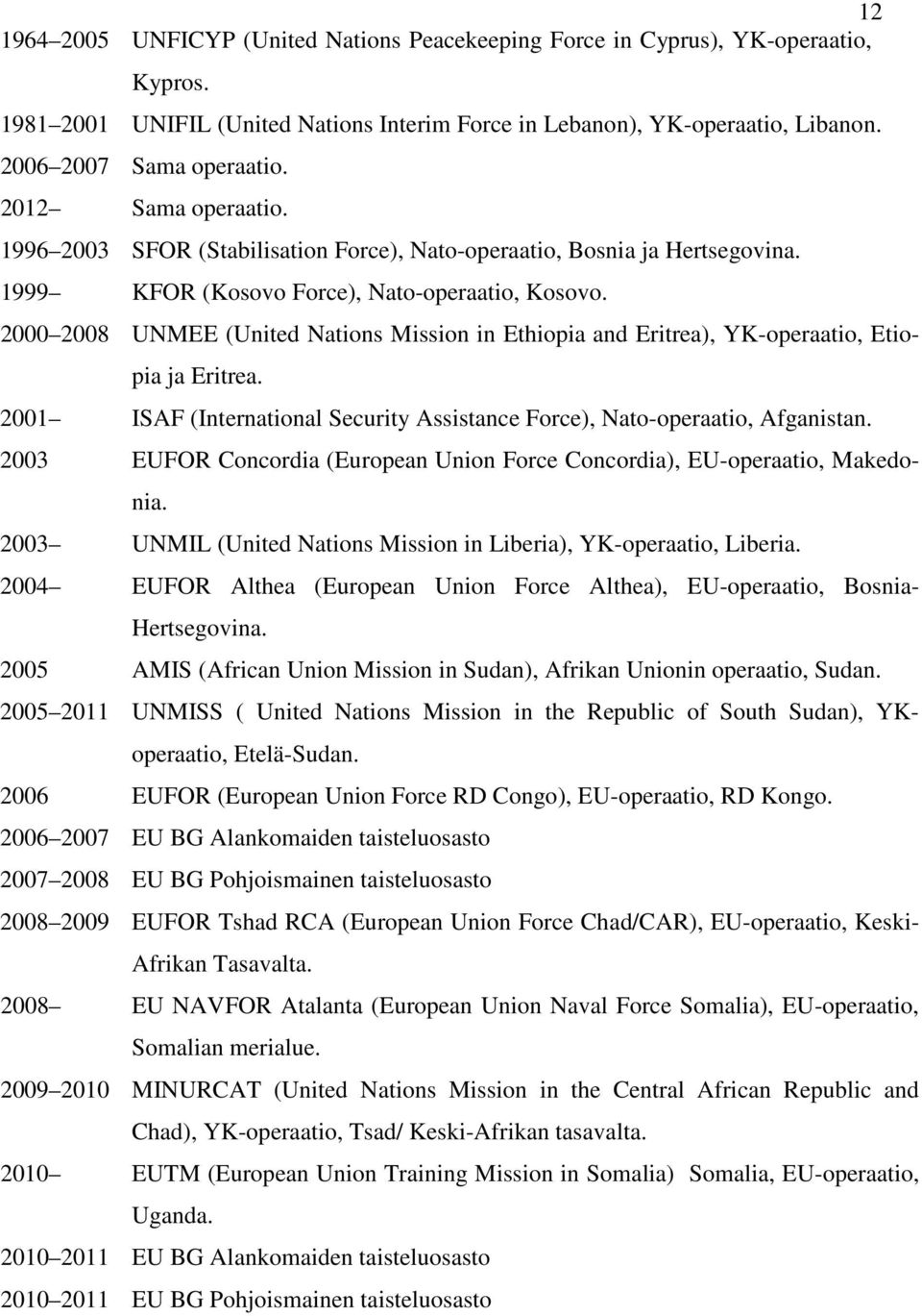 2000 2008 UNMEE (United Nations Mission in Ethiopia and Eritrea), YK-operaatio, Etiopia ja Eritrea. 2001 ISAF (International Security Assistance Force), Nato-operaatio, Afganistan.