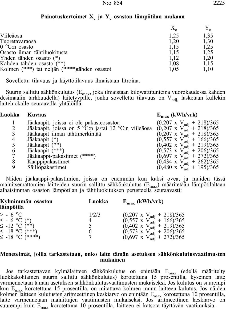 Suurin sallittu sähkönkulutus (E max, joka ilmaistaan kilowattitunteina vuorokaudessa kahden desimaalin tarkkuudella) laitetyypille, jonka sovellettu tilavuus on V adj, lasketaan kullekin