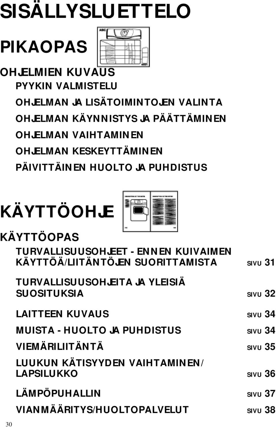 KÄYTTÖÄ/LIITÄNTÖJEN SUORITTAMISTA SIVU 31 30 TURVALLISUUSOHJEITA JA YLEISIÄ SUOSITUKSIA SIVU 32 LAITTEEN KUVAUS SIVU 34 MUISTA - HUOLTO JA