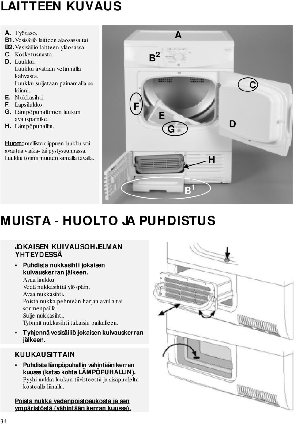 Luukku toimii muuten samalla tavalla. H B 1 MUISTA - HUOLTO JA PUHDISTUS 34 JOKAISEN KUIVAUSOHJELMAN YHTEYDESSÄ Puhdista nukkasihti jokaisen kuivauskerran jälkeen. Avaa luukku.