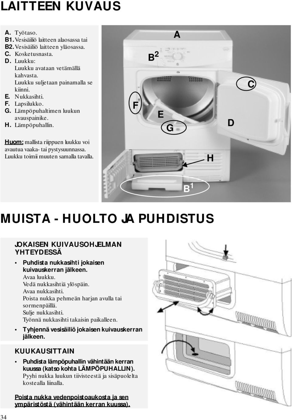 Luukku toimii muuten samalla tavalla. H B 1 MUISTA - HUOLTO JA PUHDISTUS 34 JOKAISEN KUIVAUSOHJELMAN YHTEYDESSÄ Puhdista nukkasihti jokaisen kuivauskerran jälkeen. Avaa luukku.