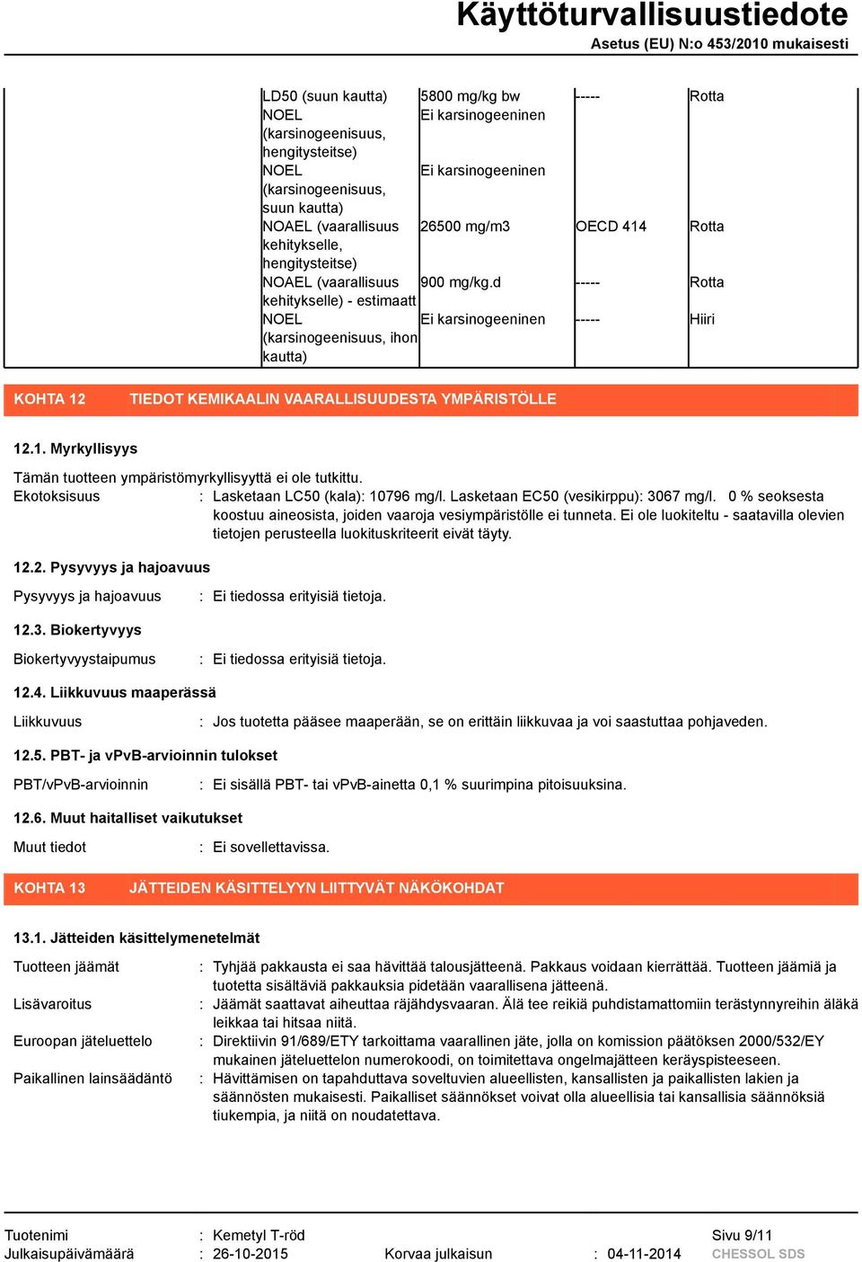 Ekotoksisuus : Lasketaan LC50 (kala): 10796 mg/l. Lasketaan EC50 (vesikirppu): 3067 mg/l. 0 % seoksesta koostuu aineosista, joiden vaaroja vesiympäristölle ei tunneta.