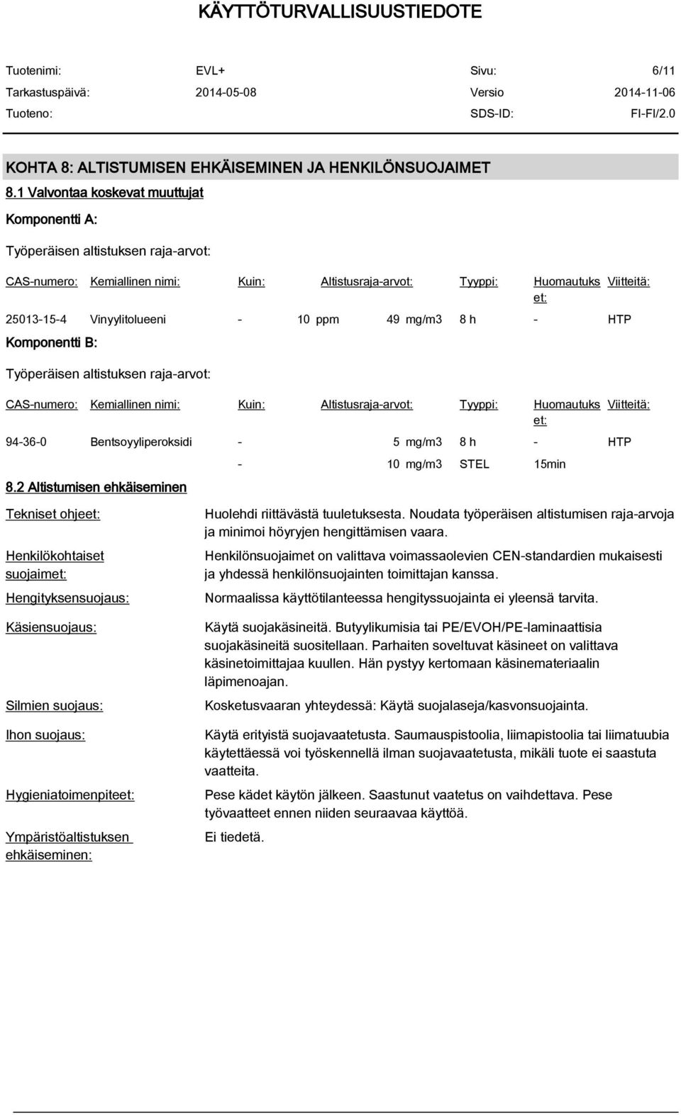 mg/m3 8 h - HTP Komponentti B: Työperäisen altistuksen raja-arvot: CAS-numero: Kemiallinen nimi: Kuin: Altistusraja-arvot: Tyyppi: Huomautuks et: 94-36-0 Bentsoyyliperoksidi - 5 mg/m3 8 h - HTP 8.