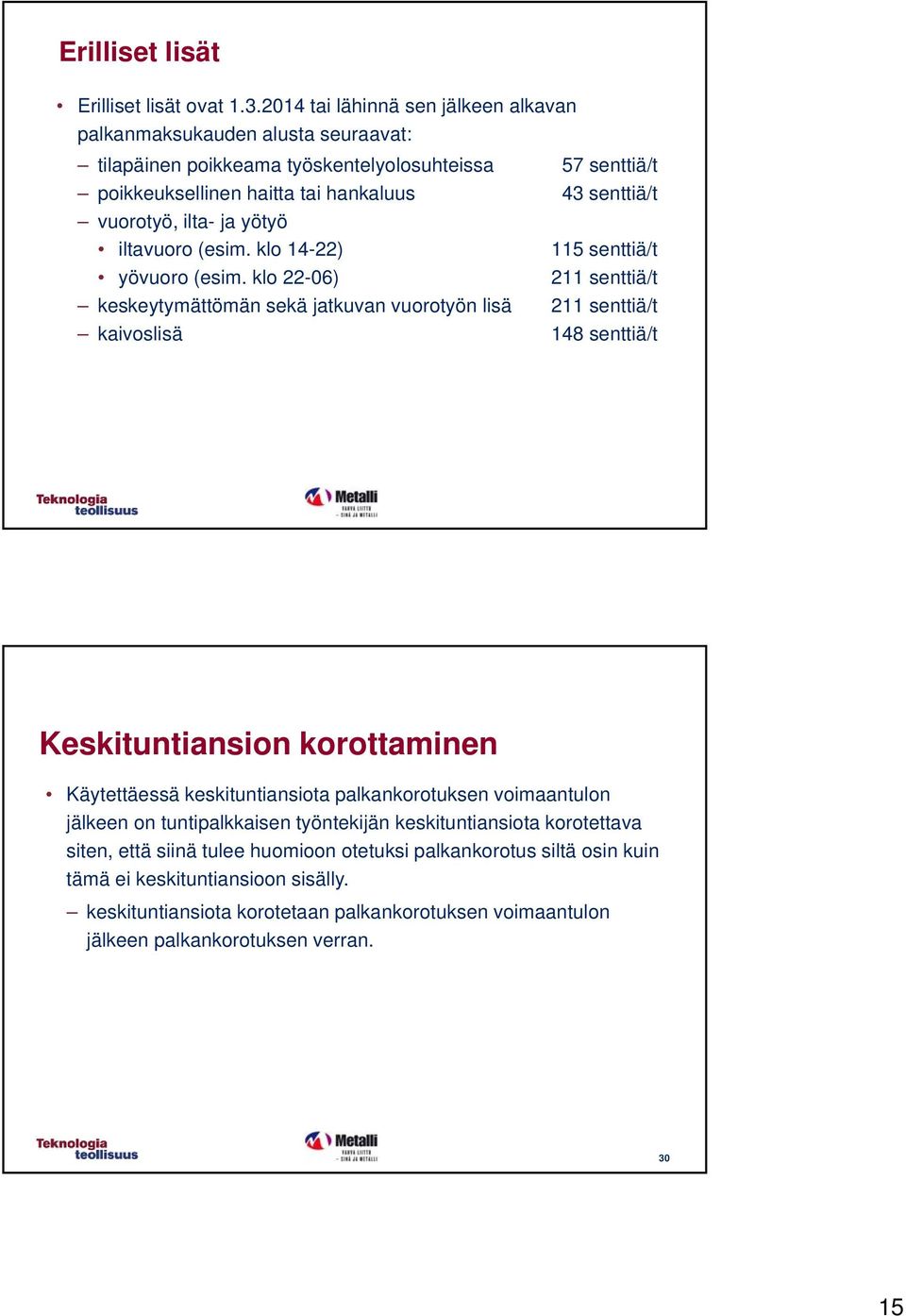 ilta- ja yötyö iltavuoro (esim. klo 14-22) 115 senttiä/t yövuoro (esim.