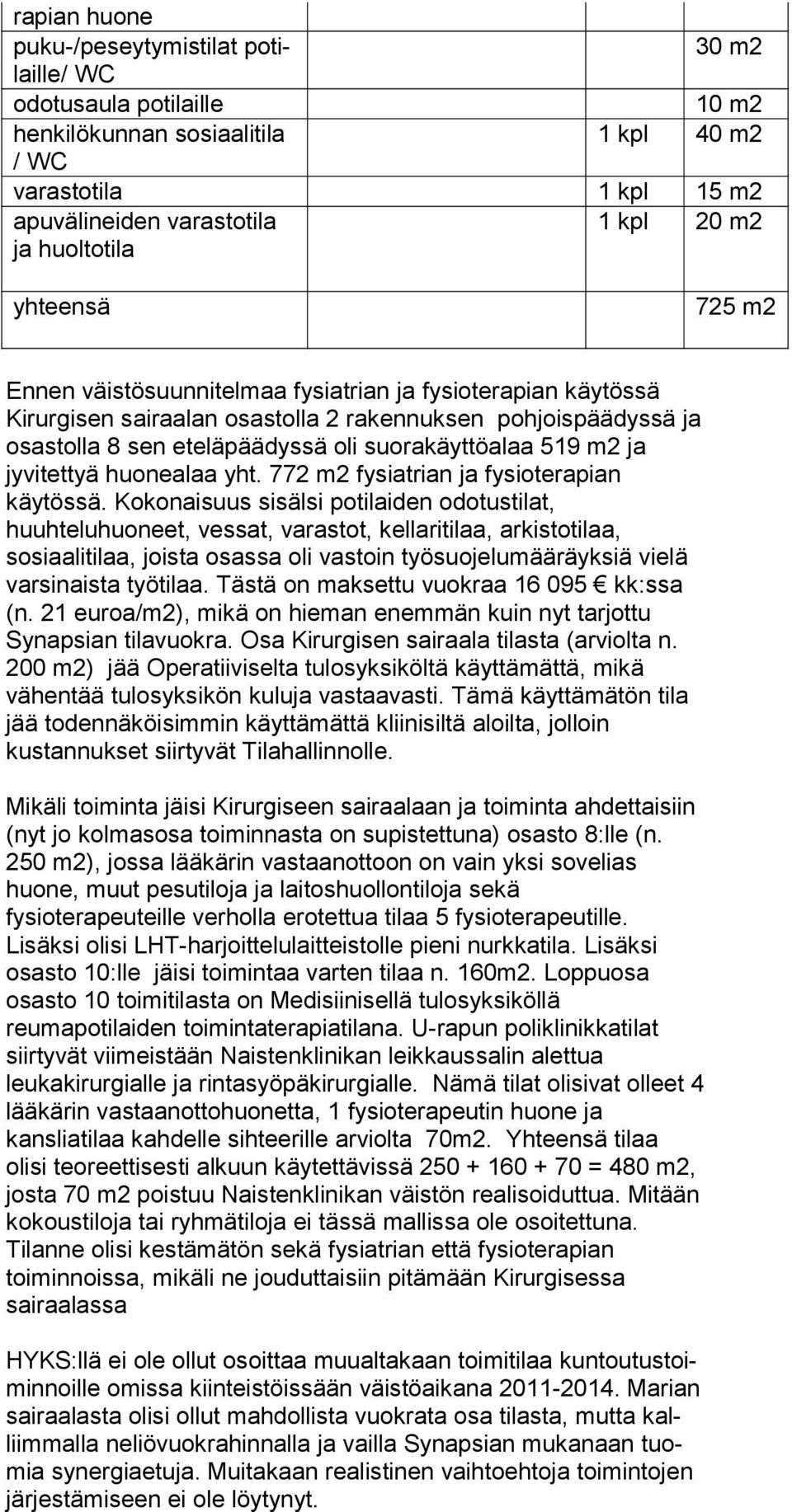 suorakäyttöalaa 519 m2 ja jyvitettyä huonealaa yht. 772 m2 fysiatrian ja fysioterapian käytössä.