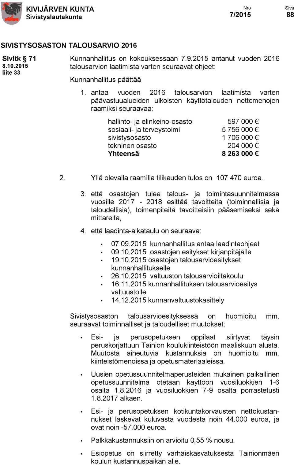 sivistysosasto 1 706 000 tekninen osasto 204 000 Yhteensä 8 263 000 2. Yllä olevalla raamilla tilikauden tulos on 107 470 euroa. 3.