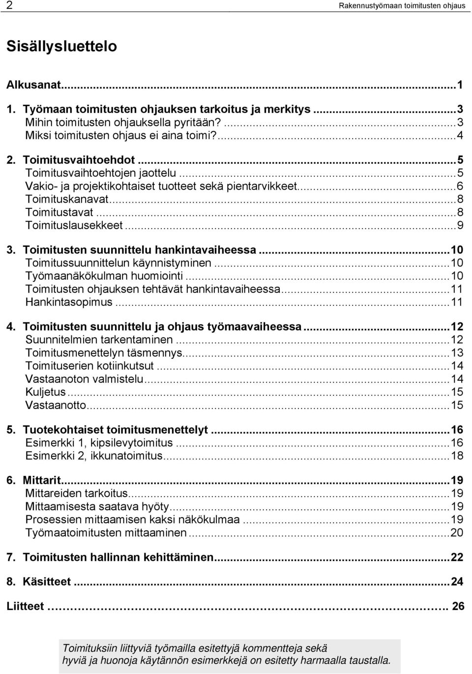 ..8 Toimitustavat...8 Toimituslausekkeet...9 3. Toimitusten suunnittelu hankintavaiheessa...10 Toimitussuunnittelun käynnistyminen...10 Työmaanäkökulman huomiointi.