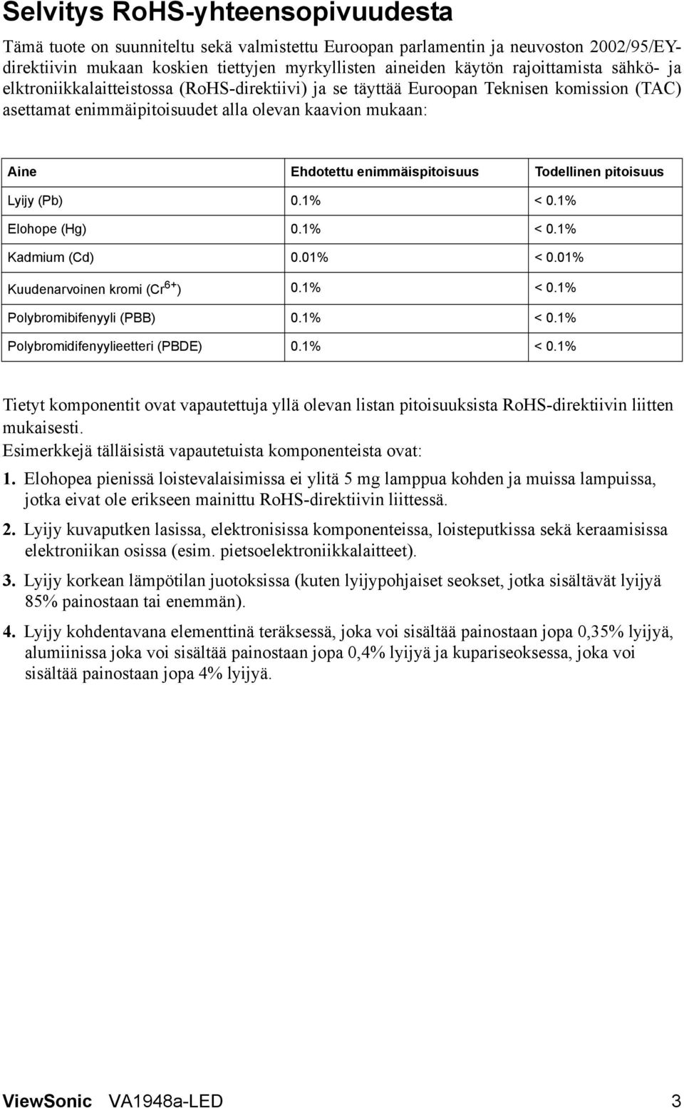 Todellinen pitoisuus Lyijy (Pb) 0.1% < 0.1% Elohope (Hg) 0.1% < 0.1% Kadmium (Cd) 0.01% < 0.01% Kuudenarvoinen kromi (Cr 6+ ) 0.1% < 0.1% Polybromibifenyyli (PBB) 0.1% < 0.1% Polybromidifenyylieetteri (PBDE) 0.