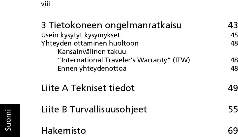 International Traveler s Warranty (ITW) 48 Ennen yhteydenottoa