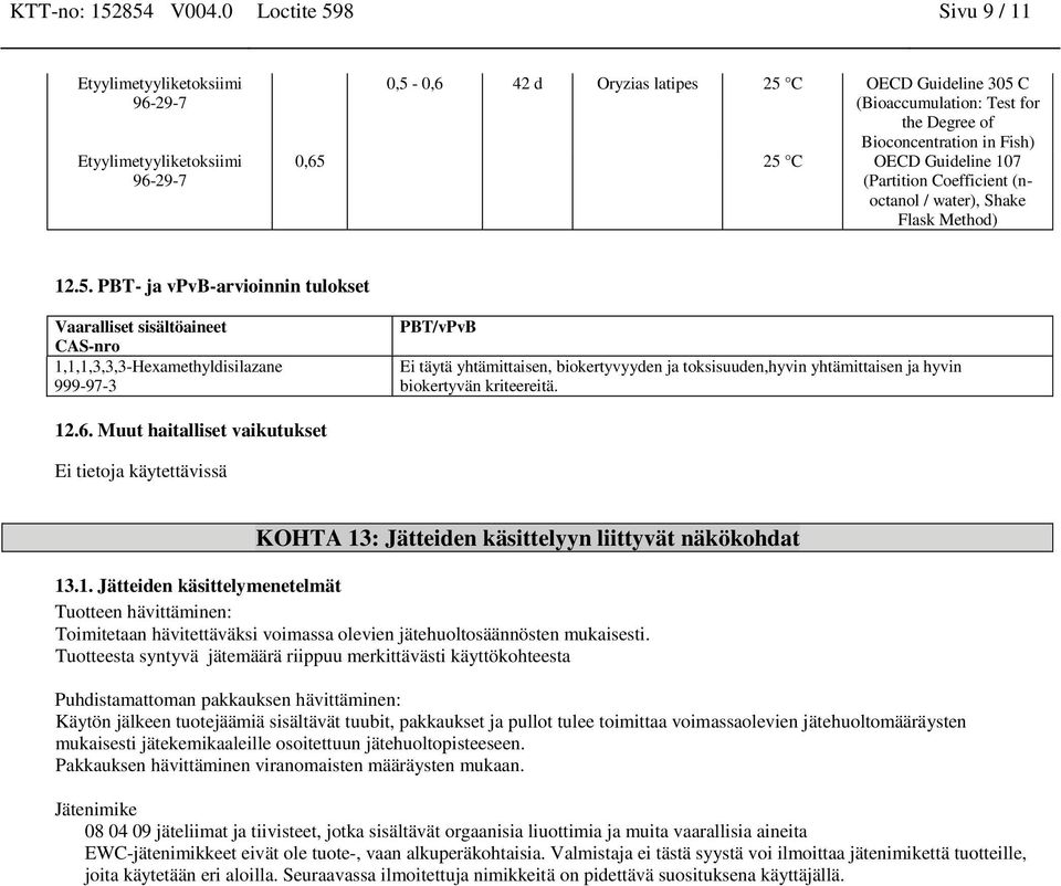 (noctanol / water), Shake Flask Method) 12.5. PBT- ja vpvb-arvioinnin tulokset PBT/vPvB Ei täytä yhtämittaisen, biokertyvyyden ja toksisuuden,hyvin yhtämittaisen ja hyvin biokertyvän kriteereitä. 12.6.