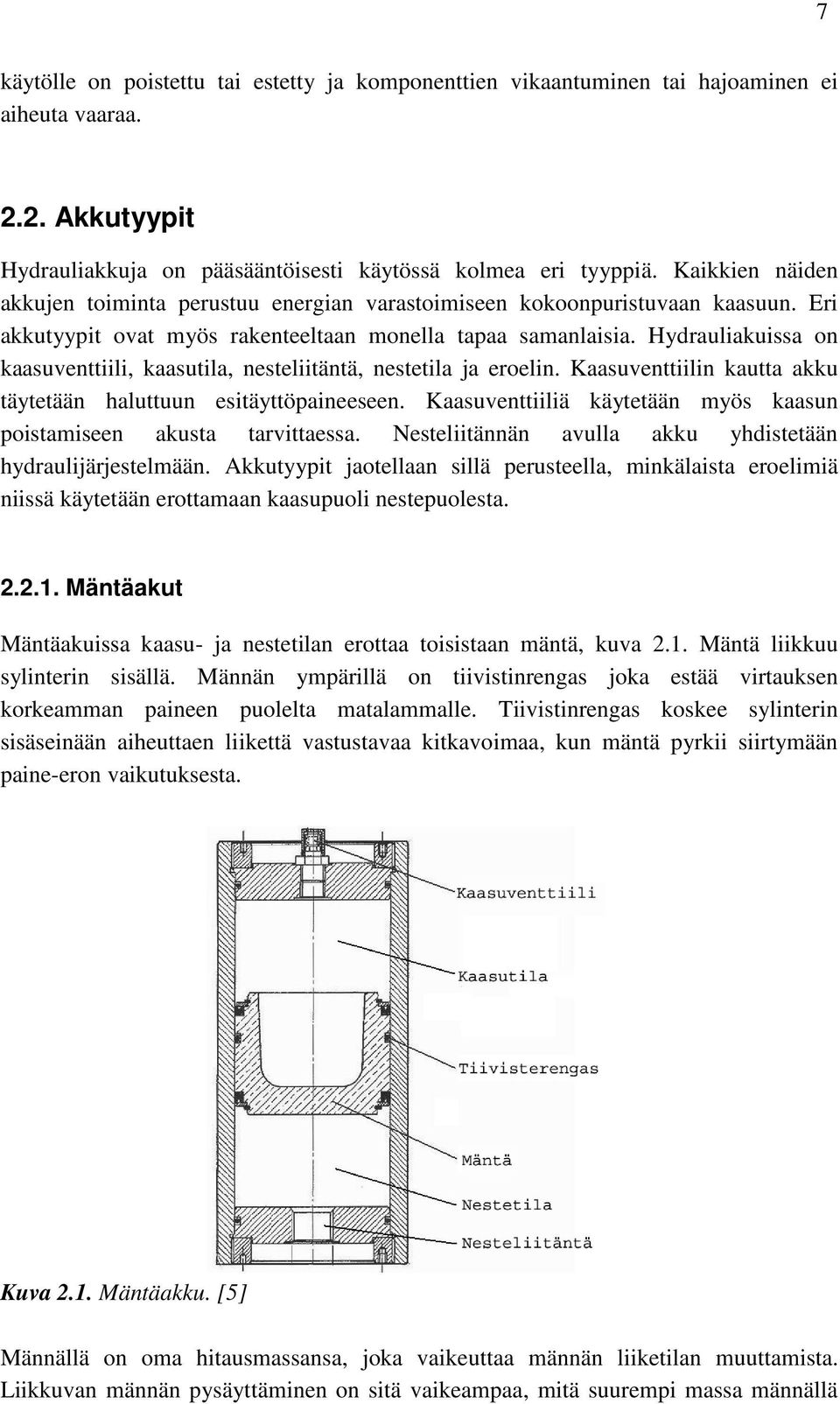 Hydrauliakuissa on kaasuventtiili, kaasutila, nesteliitäntä, nestetila ja eroelin. Kaasuventtiilin kautta akku täytetään haluttuun esitäyttöpaineeseen.