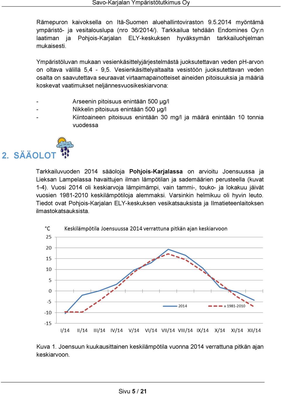 Ympäristöluvan mukaan vesienkäsittelyjärjestelmästä juoksutettavan veden ph-arvon on oltava välillä 5,4-9,5.