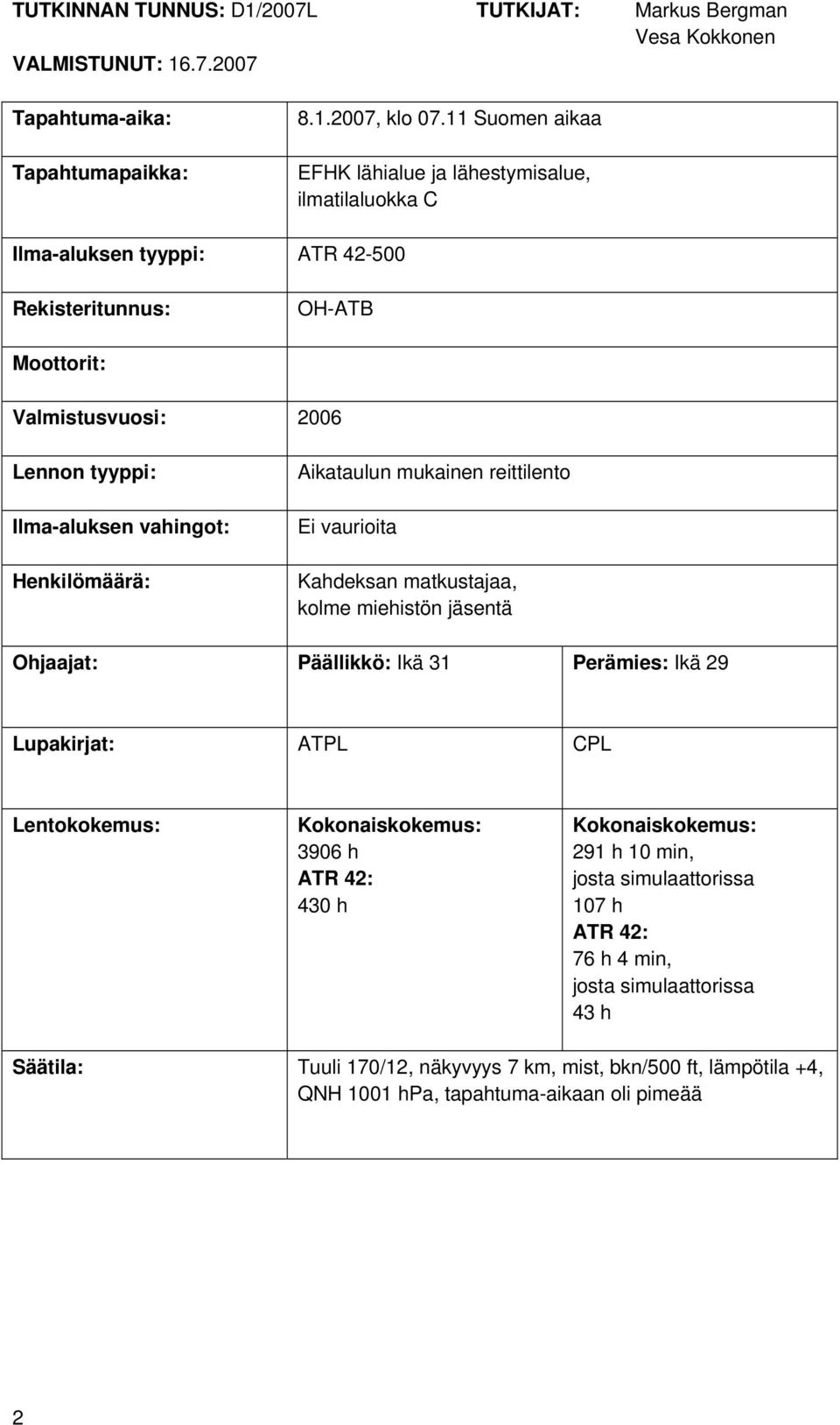 Henkilömäärä: Aikataulun mukainen reittilento Ei vaurioita Kahdeksan matkustajaa, kolme miehistön jäsentä Ohjaajat: Päällikkö: Ikä 31 Perämies: Ikä 29 Lupakirjat: ATPL CPL Lentokokemus: