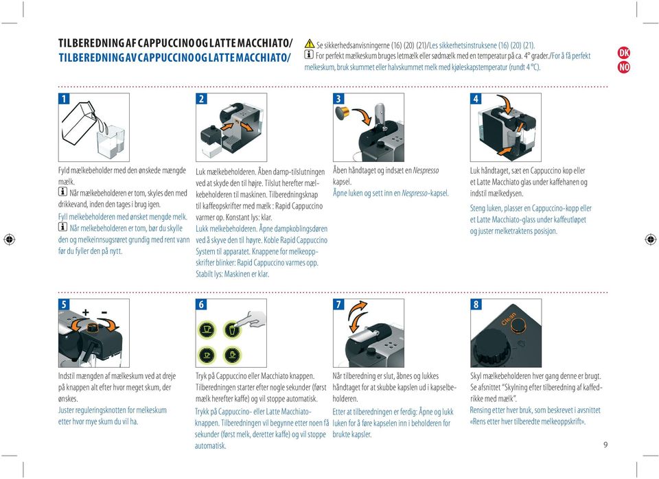 DK NO 1 2 3 4 Fyld mælkebeholder med den ønskede mængde mælk. Når mælkebeholderen er tom, skyles den med drikkevand, inden den tages i brug igen. Fyll melkebeholderen med ønsket mengde melk.