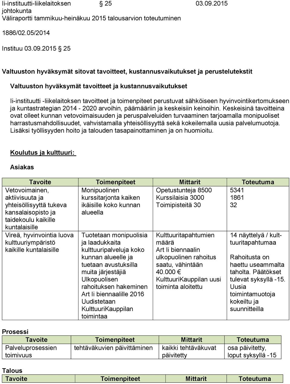 2015 25 Valtuuston hyväksymät sitovat tavoitteet, kustannusvaikutukset ja perustelutekstit Valtuuston hyväksymät tavoitteet ja kustannusvaikutukset Ii-instituutti -liikelaitoksen tavoitteet ja