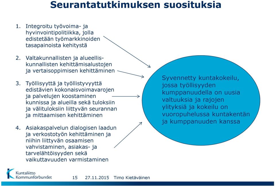 Työllisyyttä ja työllistyvyyttä edistävien kokonaisvoimavarojen ja palvelujen koostaminen kunnissa ja alueilla sekä tuloksiin ja välituloksiin liittyvän seurannan ja mittaamisen kehittäminen 4.