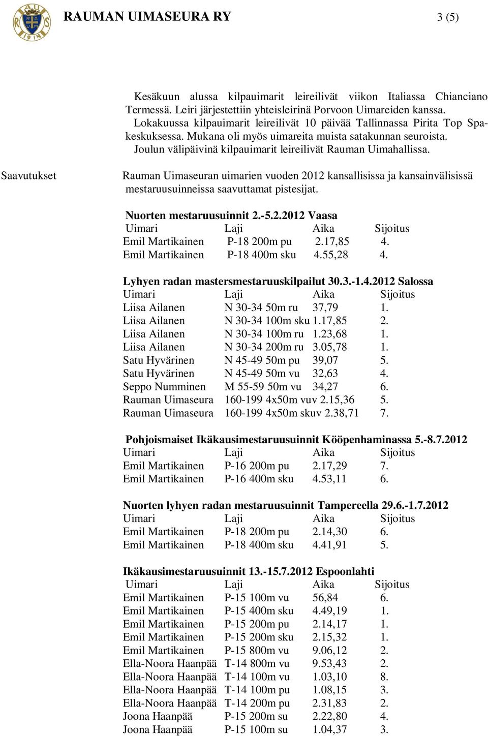 Joulun välipäivinä kilpauimarit leireilivät Rauman Uimahallissa. Saavutukset Rauman Uimaseuran uimarien vuoden 2012 kansallisissa ja kansainvälisissä mestaruusuinneissa saavuttamat pistesijat.