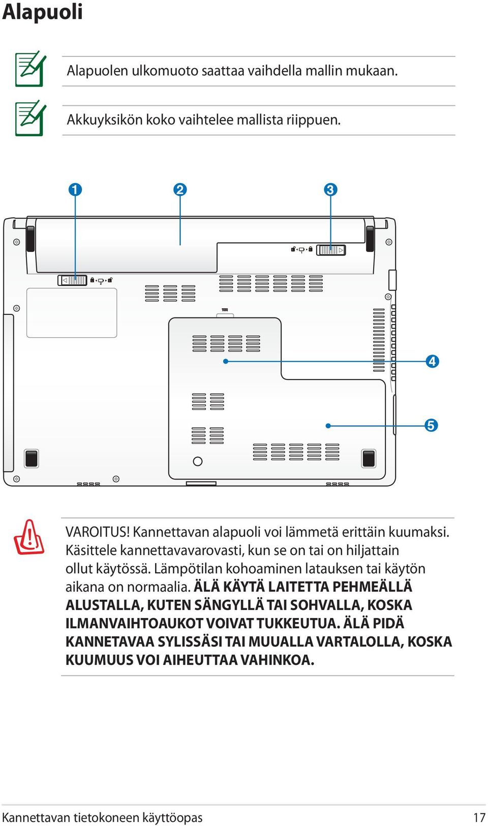 Lämpötilan kohoaminen latauksen tai käytön aikana on normaalia.