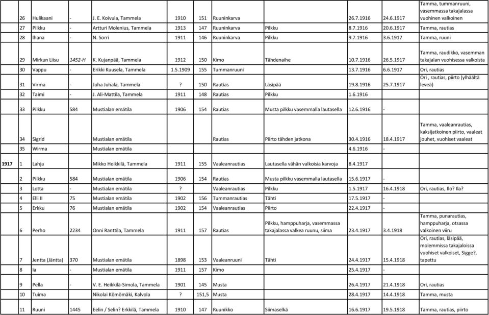 -H K. Kujanpää, Tammela 1912 150 Kimo Tähdenaihe 10.7.1916 26.5.1917 Tamma, raudikko, vasemman takajalan vuohisessa valkoista 30 Vappu - Erikki Kuusela, Tammela 1.5.1909 155 Tummanruuni 13.7.1916 6.6.1917 Ori, rautias Ori, rautias, piirto (ylhäältä 31 Virma - Juha Juhala, Tammela?