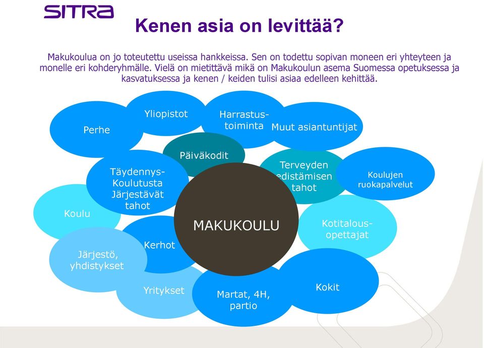 Vielä on mietittävä mikä on Makukoulun asema Suomessa opetuksessa ja kasvatuksessa ja kenen / keiden tulisi asiaa edelleen kehittää.