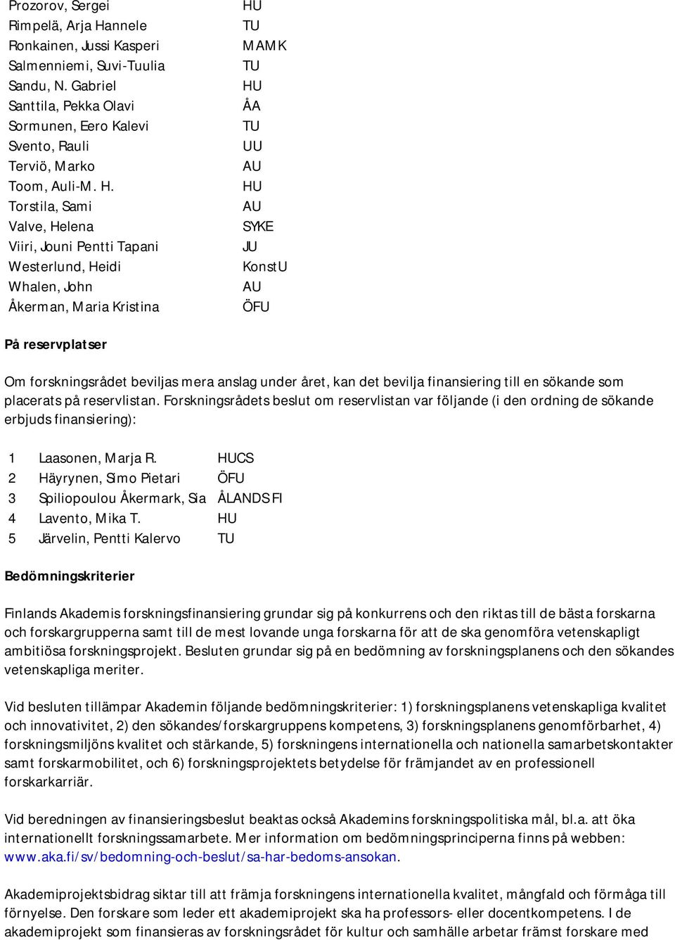 Torstila, Sami Valve, Helena Viiri, Jouni Pentti Tapani Westerlund, Heidi Whalen, John Åkerman, Maria Kristina MAMK UU KonstU ÖFU På reservplatser Om forskningsrådet beviljas mera anslag under året,