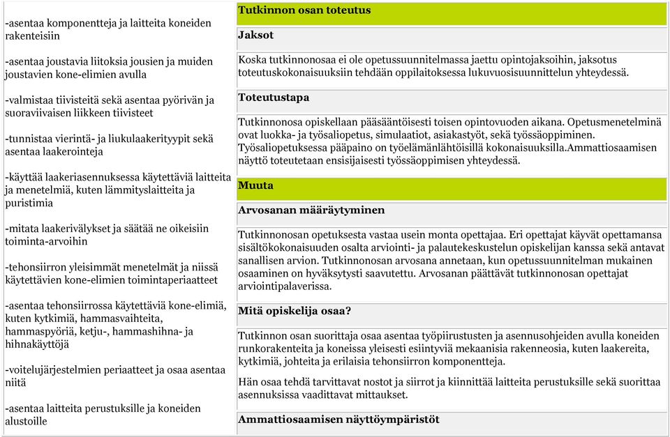-mitata laakerivälykset ja säätää ne oikeisiin toiminta-arvoihin -tehonsiirron yleisimmät menetelmät ja niissä käytettävien kone-elimien toimintaperiaatteet -asentaa tehonsiirrossa käytettäviä