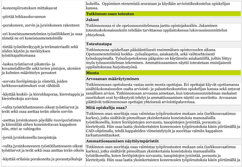 perusteet -sorvata lieriöpintoja ja viisteitä, joiden tarkkuusvaatimukset ovat vähäisiä -käyttää keskiö- ja kierukkaporaa, kierretappia ja kierreleukoja sorvissa -valita työstötilanteeseen oikeat