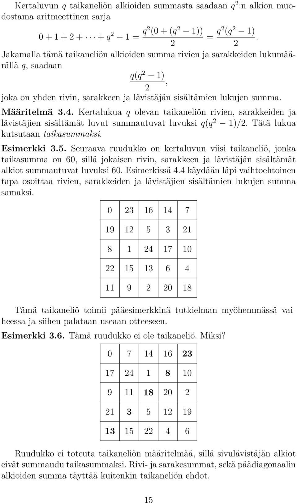 . Kertalukua q levan taikaneliön rivien, sarakkeiden ja lävistäjien sisältämät luvut summautuvat luvuksi q(q )/. Tätä lukua kutsutaan taikasummaksi. Esimerkki.