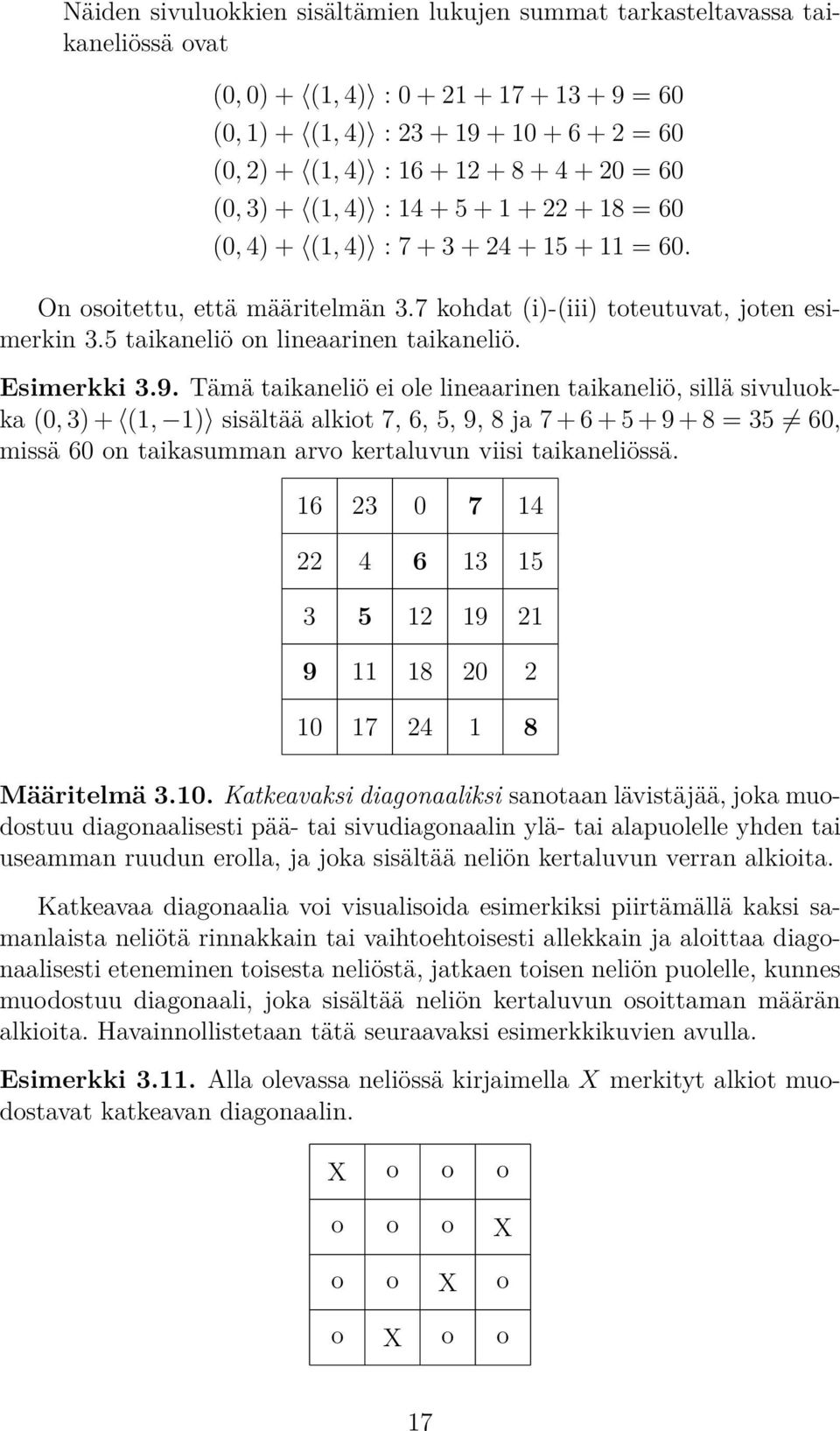 Tämä taikaneliö ei le lineaarinen taikaneliö, sillä sivulukka (, ) + (, ) sisältää alkit,,, 9, ja + + + 9 + =, missä n taikasumman arv kertaluvun viisi taikaneliössä. 9 9 Määritelmä.