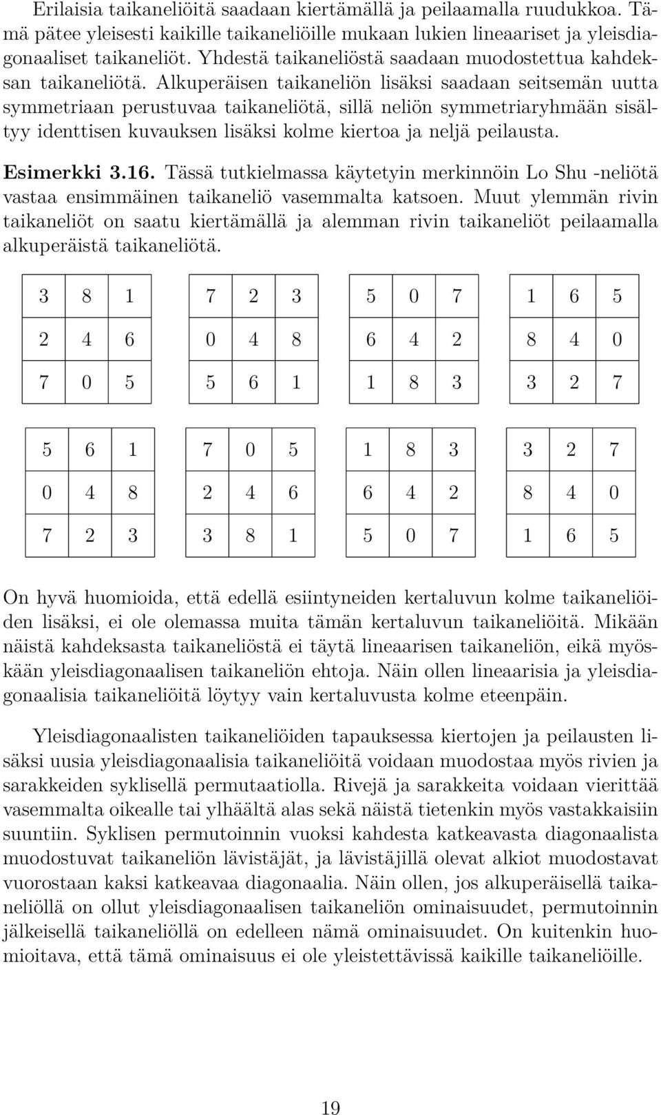 Alkuperäisen taikaneliön lisäksi saadaan seitsemän uutta symmetriaan perustuvaa taikaneliötä, sillä neliön symmetriaryhmään sisältyy identtisen kuvauksen lisäksi klme kierta ja neljä peilausta.