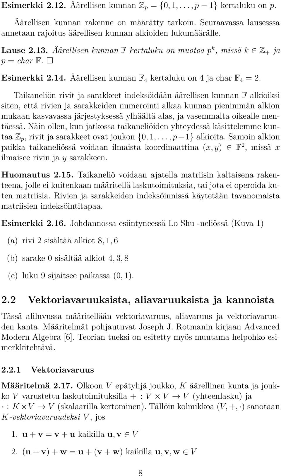 Taikaneliön rivit ja sarakkeet indeksöidään äärellisen kunnan F alkiiksi siten, että rivien ja sarakkeiden numerinti alkaa kunnan pienimmän alkin mukaan kasvavassa järjestyksessä ylhäältä alas, ja