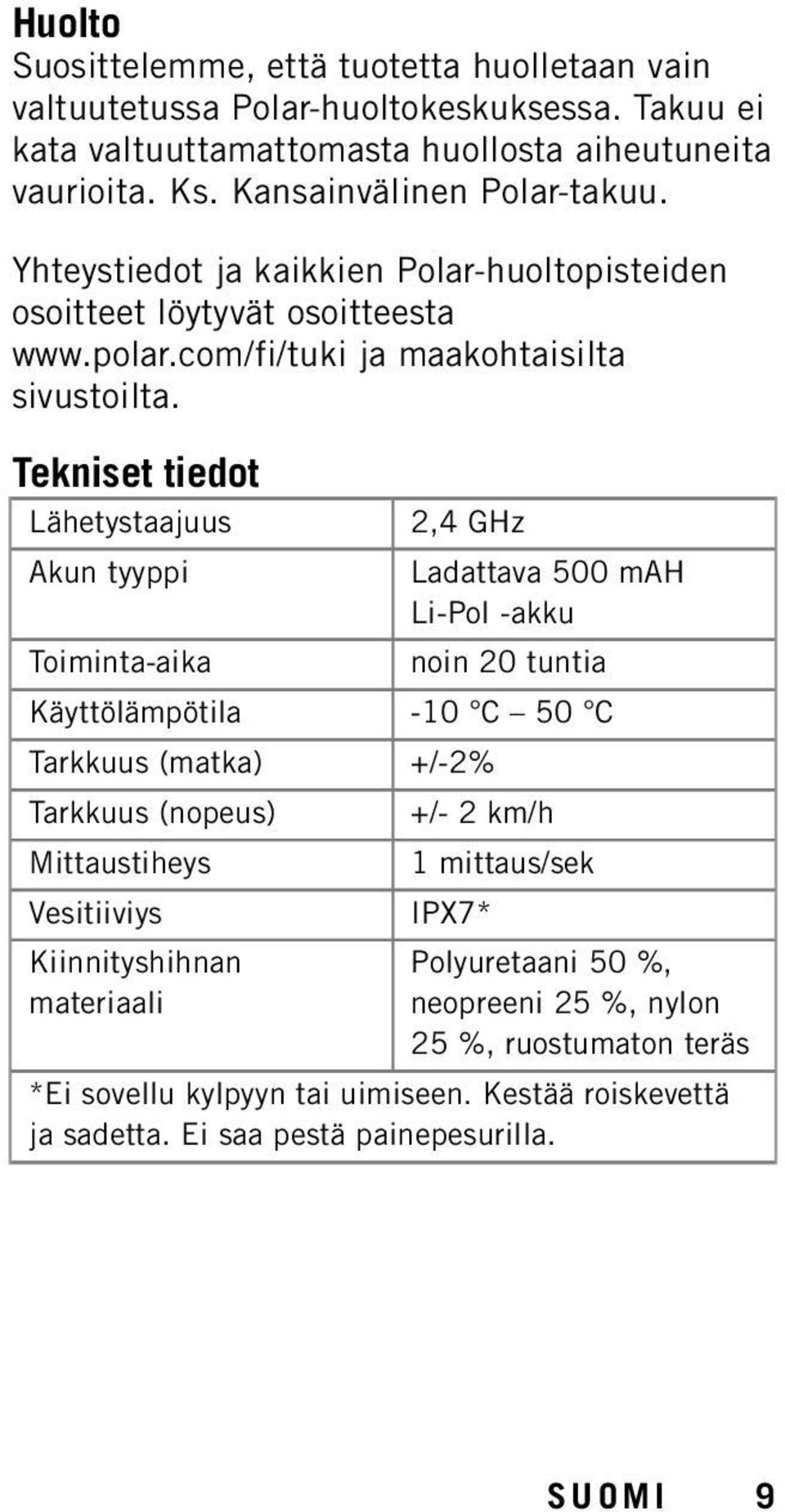 Tekniset tiedot Lähetystaajuus Akun tyyppi Toiminta-aika 2,4 GHz Ladattava 500 mah Li-Pol -akku noin 20 tuntia Käyttölämpötila -10 C 50 C Tarkkuus (matka) +/-2% Tarkkuus (nopeus)