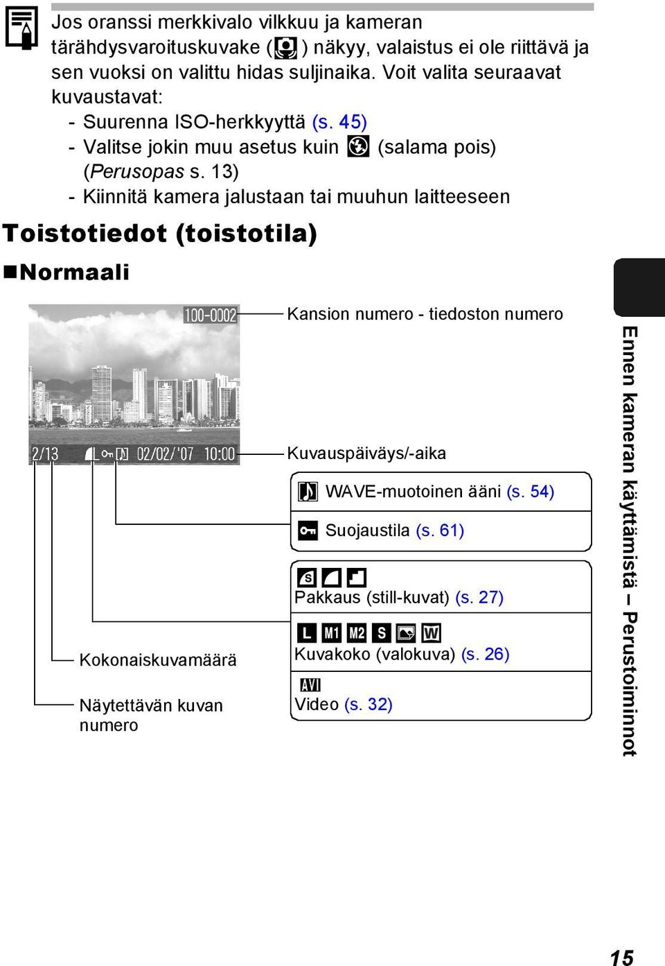 13) - Kiinnitä kamera jalustaan tai muuhun laitteeseen Toistotiedot (toistotila) Normaali Kokonaiskuvamäärä Näytettävän kuvan numero Kansion numero -