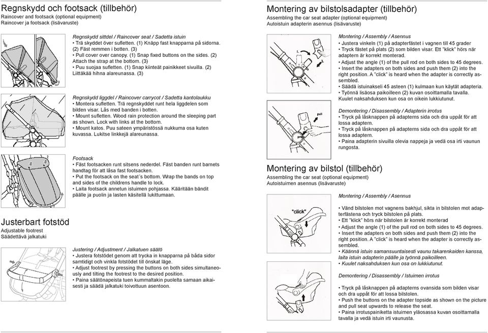 (2) Attach the strap at the bottom. (3) Puu suojaa sufletten. (1) Snap kiinteät painikkeet sivuilla. (2) Liittäkää hihna alareunassa.